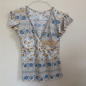 IRE Y2K Top Multicolor Neutral Floral Babydoll Wrap Top